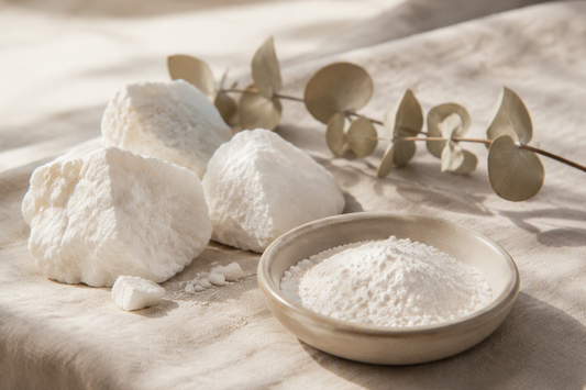 White magnesium mineral chunks, a dish of fine powder, and dried eucalyptus on natural linen in soft morning light