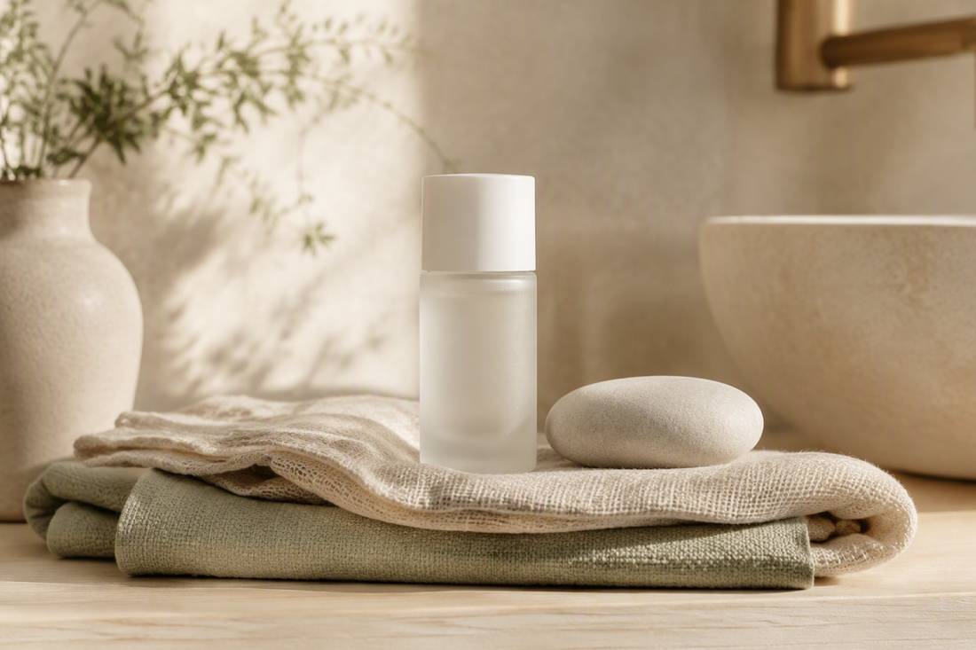Plain frosted glass bottle and smooth stone on folded linen towels in oat and sage tones