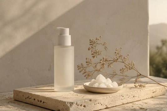Unlabeled frosted glass deodorant bottle on travertine with magnesium mineral chunks and dried botanicals