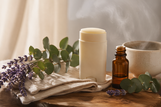 Cream natural deodorant stick on linen with fresh lavender, eucalyptus, and an amber essential oil bottle in soft calming light