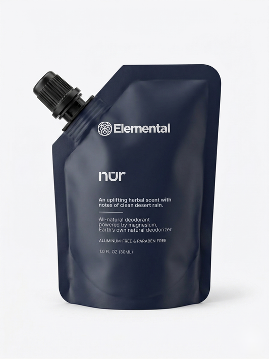 Elemental NUR refill pouch — magnesium-powered natural deodorant refill, navy pouch with spout cap