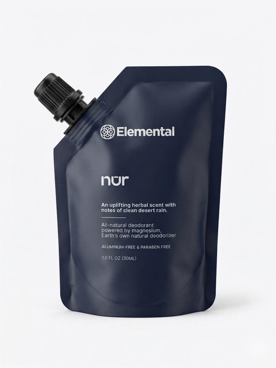 Elemental NUR refill pouch — magnesium-powered natural deodorant refill, navy pouch with spout cap