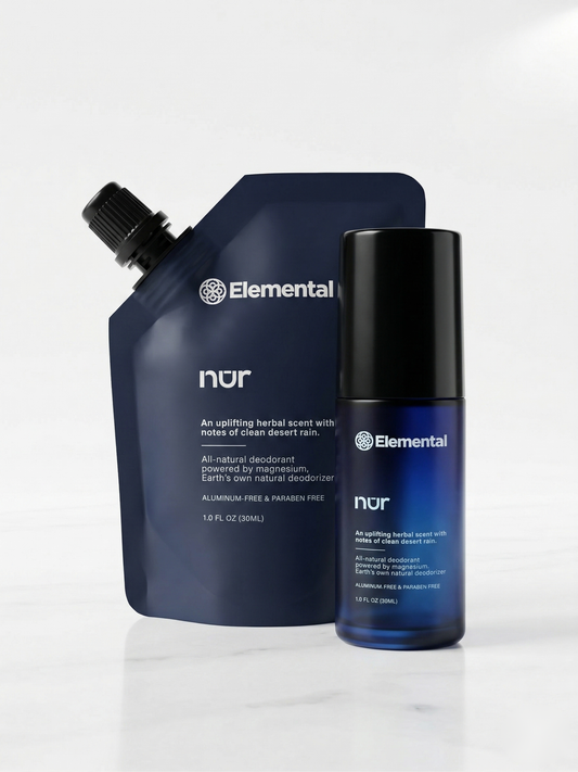 Elemental NUR starter bundle — refillable glass roll-on bottle and refill pouch