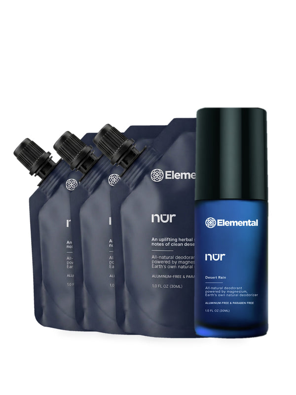 Power Pack: NUR refillable glass bottle with three biodegradable refill pouches