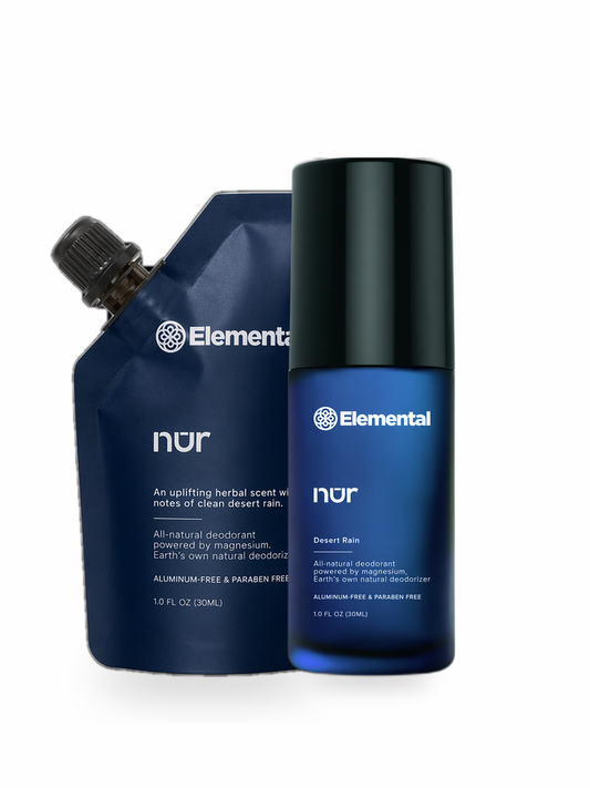 Elemental NUR starter bundle — refillable glass roll-on bottle and refill pouch